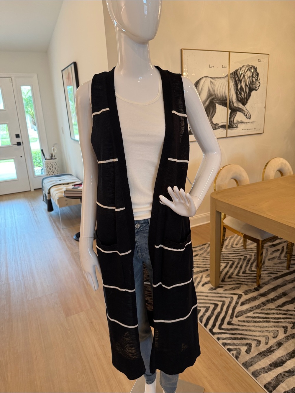 Long Black Open-Front Knit Vest with White Stripe Accents